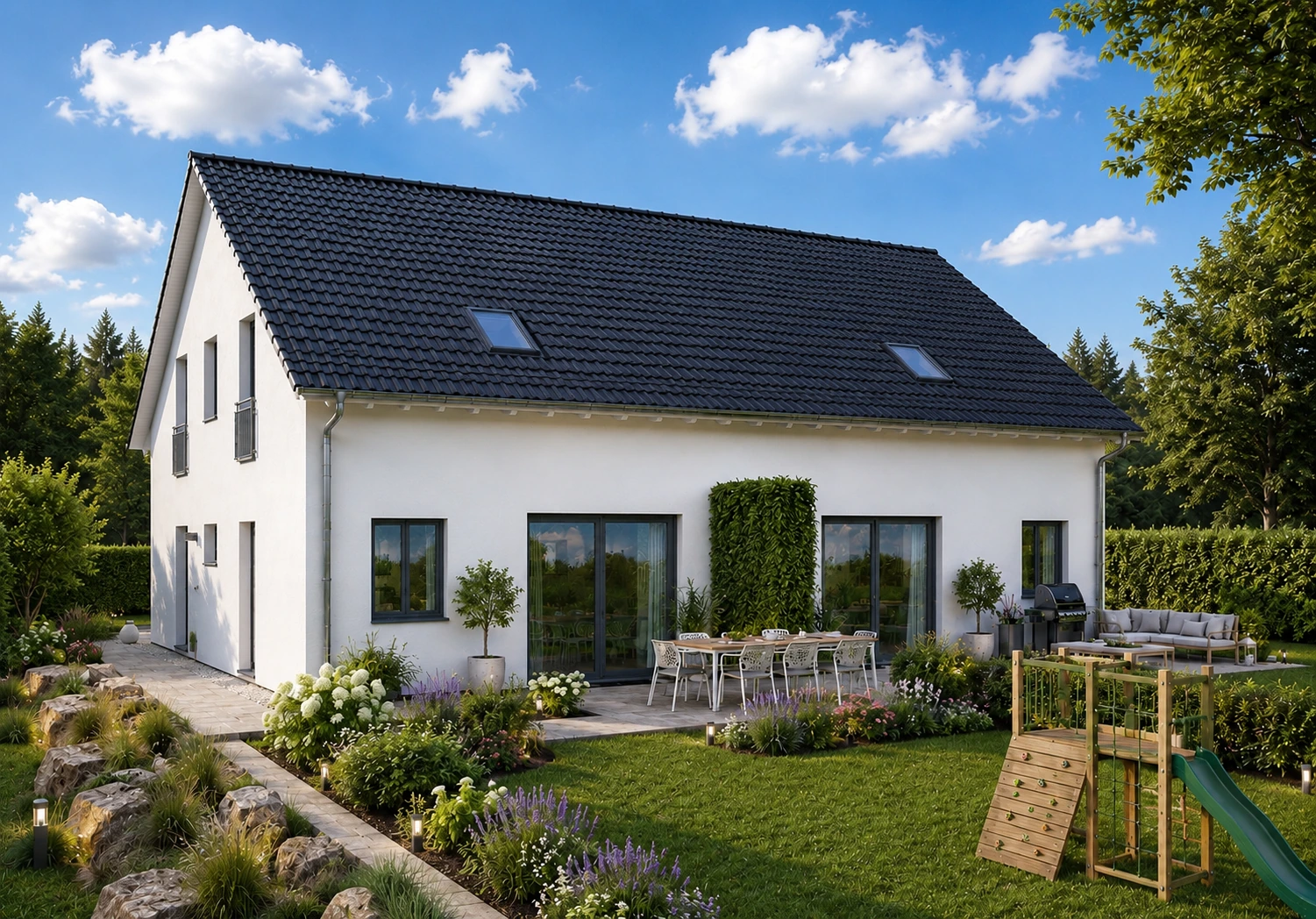 Modernes TwinStyle-Haus mit Garten, Terrasse und Spielbereich.